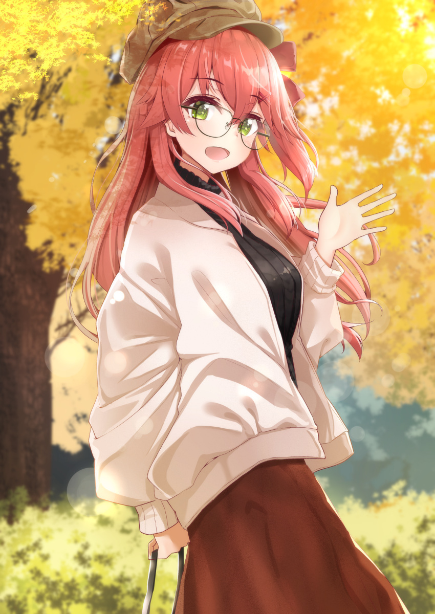 1girl absurdres alternate_costume autumn beige_jacket bespectacled black_shirt blurry bokeh borumete bow breasts brown_skirt bush cabbie_hat depth_of_field doily glasses green_eyes hair_bow hand_up hat highres holding_strap hololive large_breasts long_hair long_skirt looking_at_viewer one_side_up open_mouth redhead ribbed_sweater sakura_miko shirt skirt solo sweater tree virtual_youtuber waving