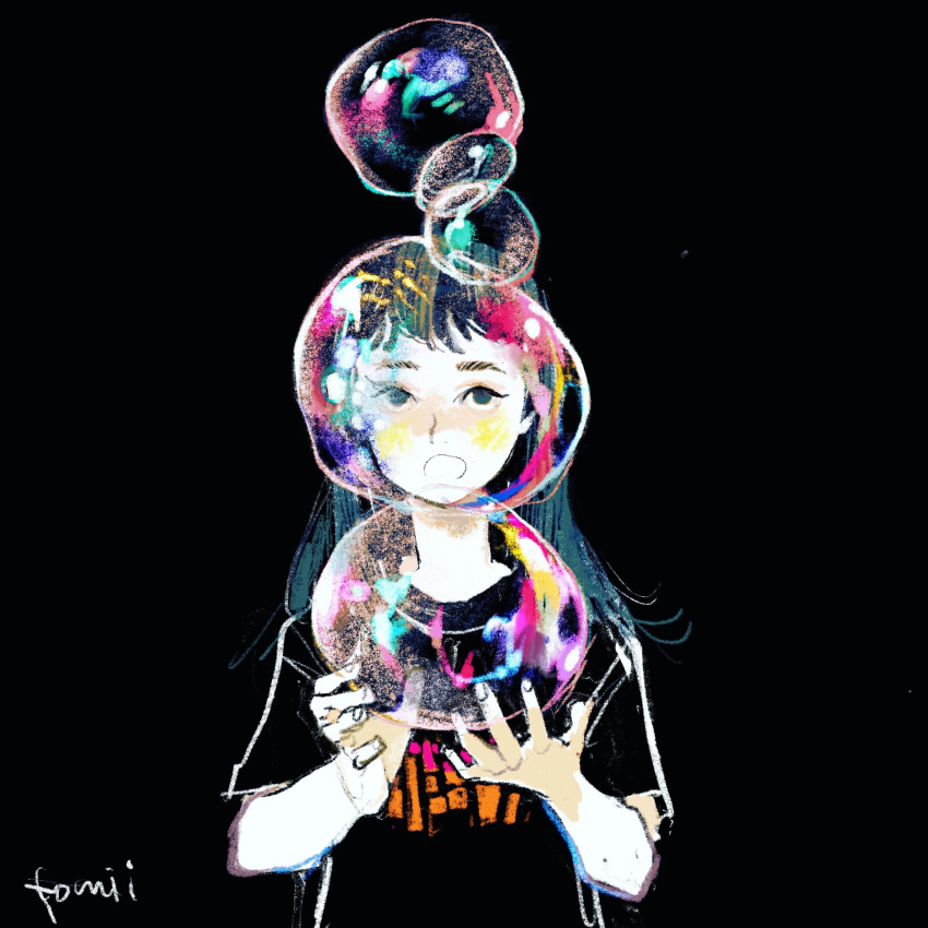 1girl black_background black_eyes black_shirt blush bubble hands_up highres long_sleeves looking_at_viewer open_mouth original print_shirt procreate_(medium) shirt short_sleeves signature simple_background solo tomidoron