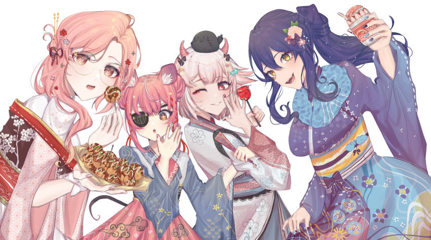 4girls alternate_costume animal_ear_fluff animal_ears breasts english_commentary fangs food ghintonumi glasses highres holding holding_tray horns japanese_clothes kimono kirihime_ria looking_to_the_side matsuro_meru medium_breasts medium_hair mouse_ears mouse_girl multiple_girls nini_yuuna obi one_eye_closed one_eye_covered open_hand open_mouth pink_hair pink_nails red_eyes round_eyewear sash second-party_source short_hair smile sparkling_eyes takoyaki tray tsunderia tsunderia_quest virtual_youtuber white_background yazaki_kallin yellow_eyes yukata