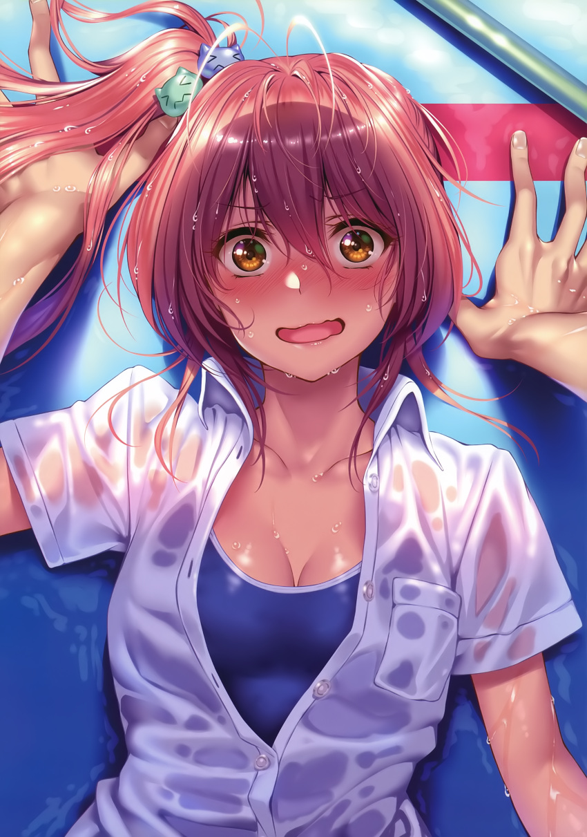 1girl absurdres bangs blue_swimsuit blush breasts brown_eyes buttons collarbone eyebrows_visible_through_hair fingernails hair_bobbles hair_ornament highres hinoura_nanaka long_hair looking_at_viewer medium_breasts open_mouth original out_of_frame pink_hair piromizu shiny shiny_hair shiny_skin shirt short_sleeves swimsuit swimsuit_under_clothes tied_hair upper_body water water_drop wet wet_clothes white_shirt