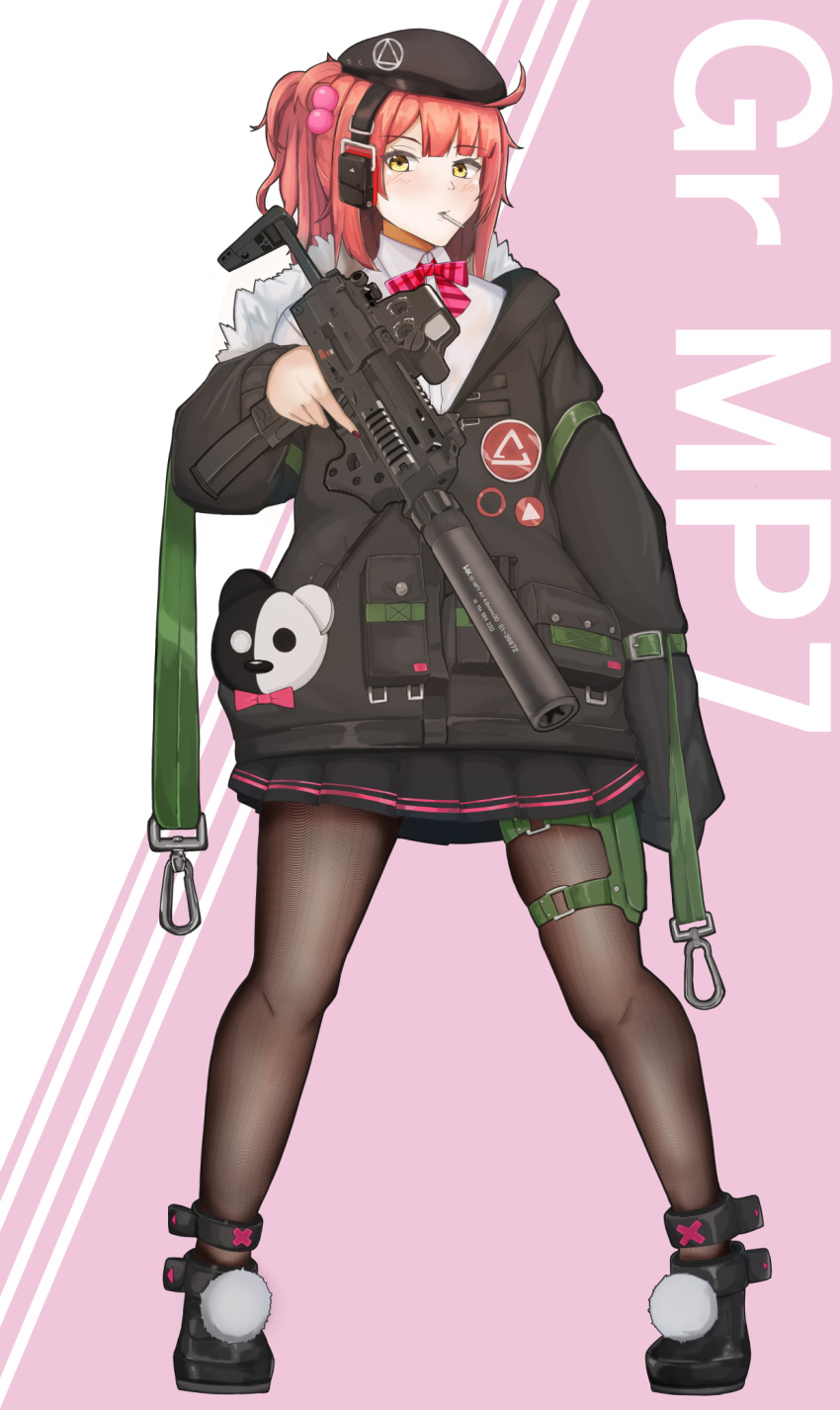 1girl beret blush candy commission food girls_frontline gun h&amp;k_mp7 hat headset highres lollipop mp7_(girls_frontline) off_shoulder pantyhose parted_lips pleated_skirt pom_pom_(clothes) ponytail redhead rx78kuroko1 skeb_commission skindentation skirt solo submachine_gun suppressor thigh_strap weapon yellow_eyes