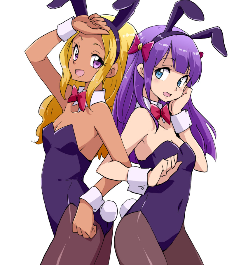 2girls amamiya_erena animal_ears back-to-back bangs black_legwear blonde_hair blue_eyes blue_leotard bow bowtie bunny_tail commentary covered_navel cowboy_shot dark_skin detached_collar fake_animal_ears fake_tail from_side hand_on_own_face hand_on_own_forehead highres kaguya_madoka leotard locked_arms long_hair looking_at_viewer multiple_girls open_mouth pantyhose playboy_bunny precure purple_hair rabbit_ears red_neckwear simple_background smile standing star_twinkle_precure strapless strapless_leotard tail uraki violet_eyes white_background wing_collar wrist_cuffs