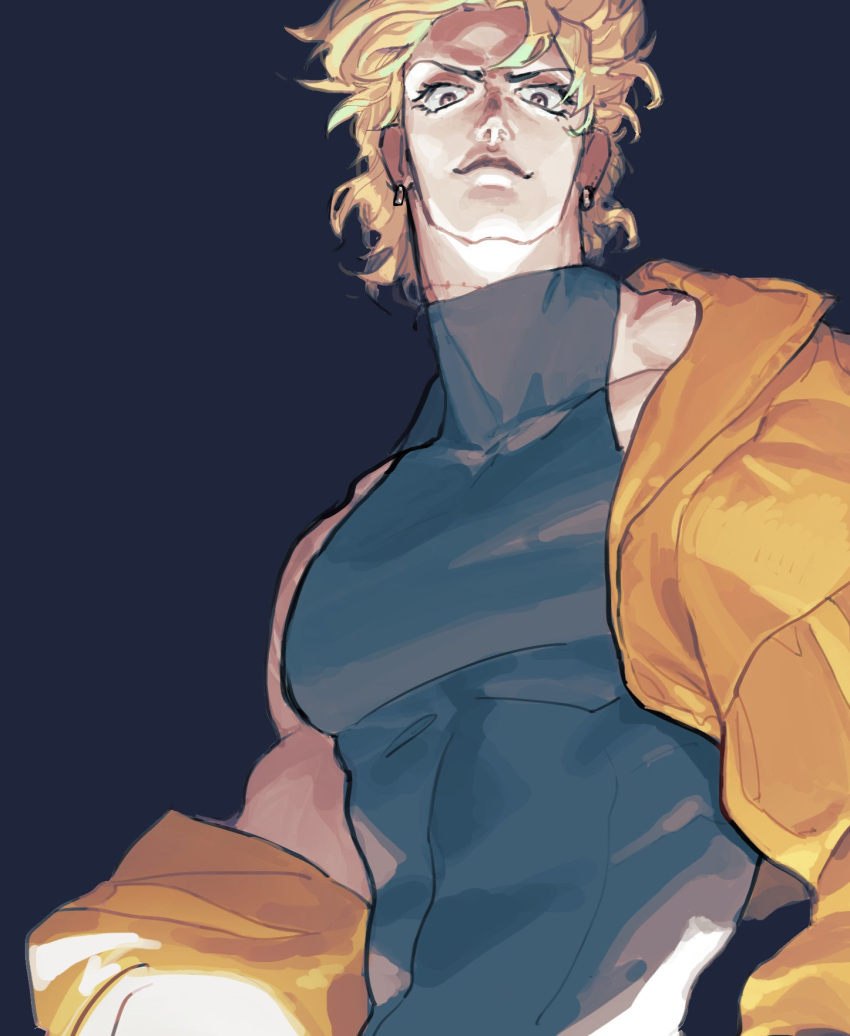 1boy blonde_hair covered_abs dio_brando earrings highres jacket jacket_removed jewelry jojo_no_kimyou_na_bouken looking_at_viewer male_focus muscular muscular_male pectorals red_eyes scar scar_on_neck shirt skin_tight sleeveless smile solo stardust_crusaders taut_clothes taut_shirt yellow_jacket yokusiranaina