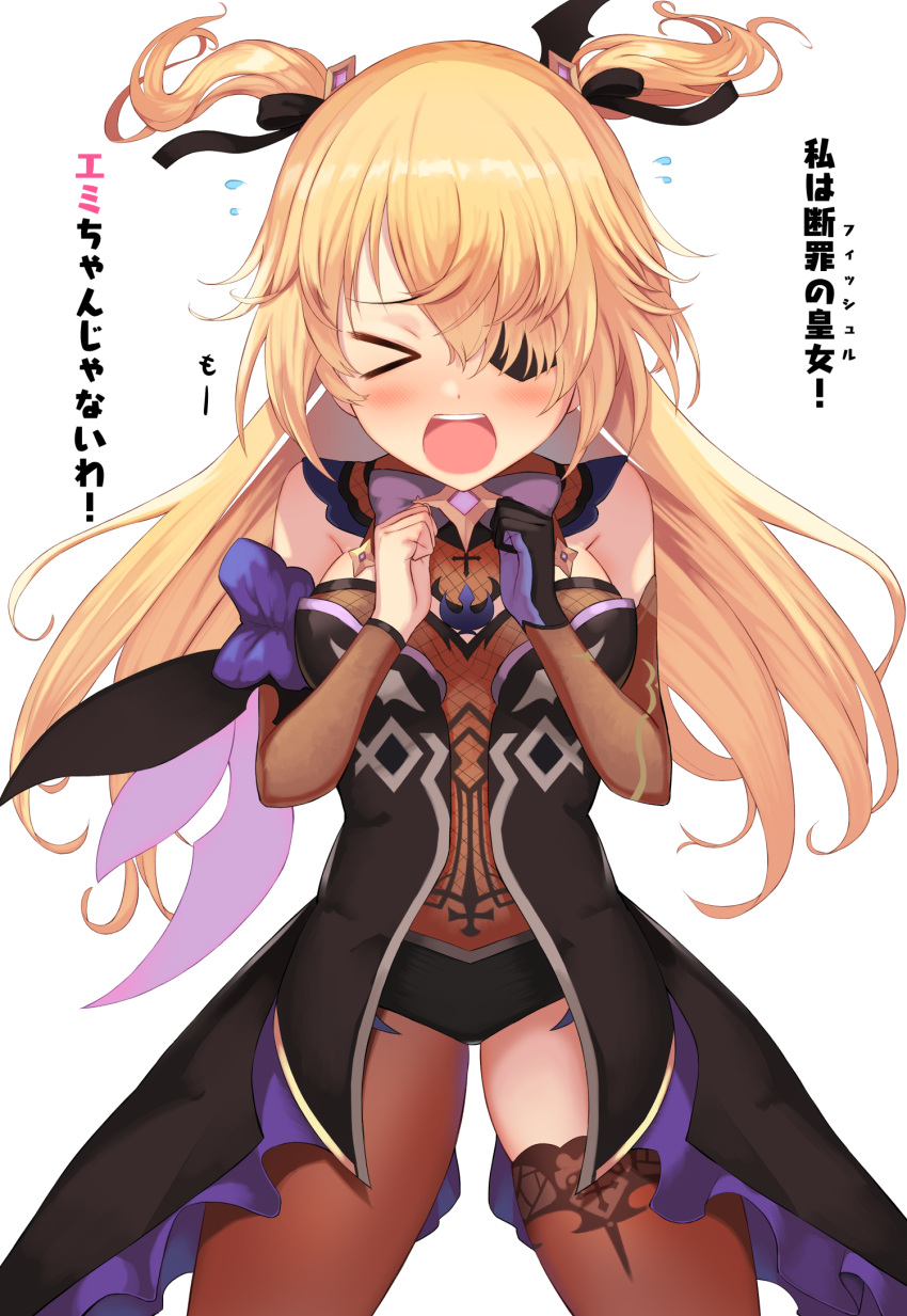 &gt;_&lt; 1girl black_eyepatch blonde_hair blush bodystocking bodysuit bow breasts brown_sleeves clenched_hands commentary_request eyepatch fischl_(genshin_impact) fishnet_bodysuit fishnets genshin_impact gloves hair_over_one_eye highres long_hair medium_breasts purple_bow simple_background single_glove single_leg_pantyhose solo translation_request white_background yamato_(muchuu_paradigm)