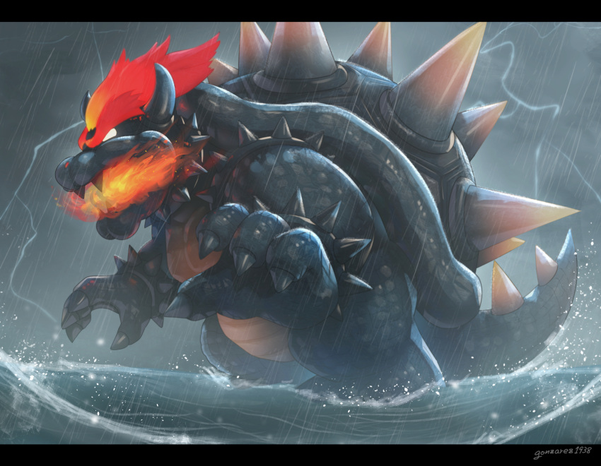 bowser bracelet breathing_fire claws collar fangs fire glowing glowing_eyes glowing_hair gonzarez highres horns jewelry super_mario_bros. mega_fury_bowser open_mouth rain spiked_armlet spiked_bracelet spiked_collar spiked_shell spikes storm super_mario_3d_world turtle_shell water