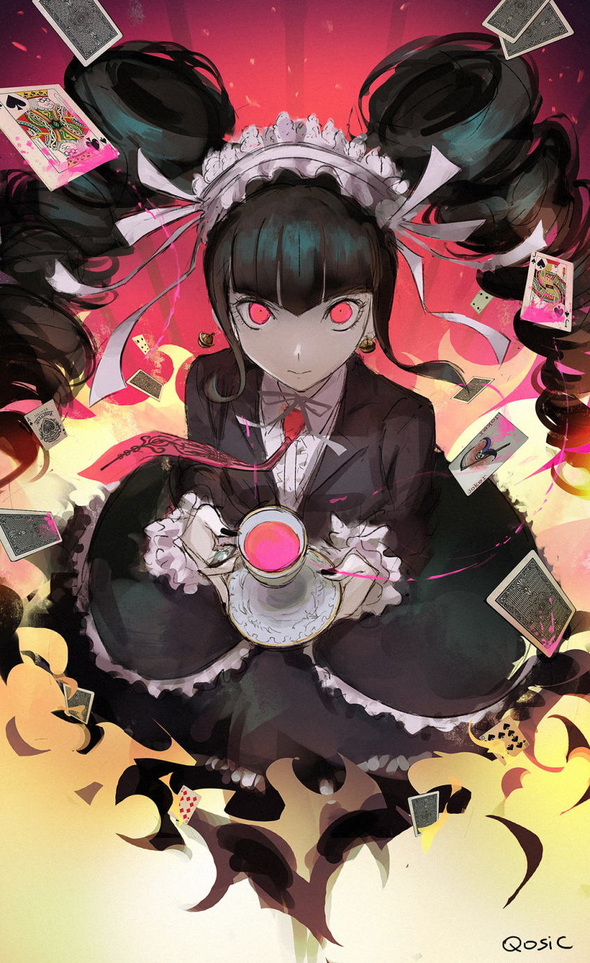 1girl bangs black_hair black_nails blunt_bangs bonnet card celestia_ludenberg commentary cup dangan_ronpa:_trigger_happy_havoc dangan_ronpa_(series) drill_hair earrings from_above gothic_lolita highres holding jewelry lolita_fashion long_hair long_sleeves looking_at_viewer nail_polish necktie playing_card qosic red_eyes skirt solo teacup twin_drills twintails very_long_hair