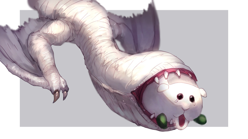 absurdres animal claws crossover guinea_pig highres khezu molcar monster monster_hunter no_eyes no_humans open_mouth parody pui_pui_molcar shiburingaru simple_background tears teeth two-tone_background wings