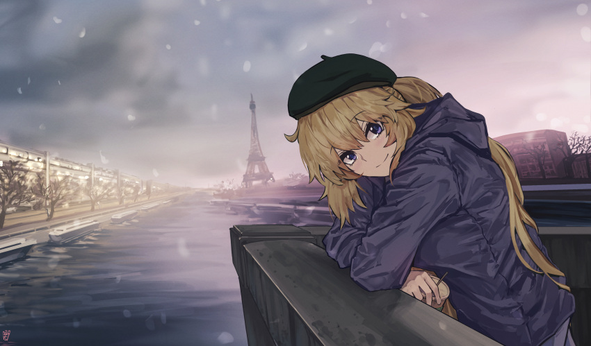 1girl absurdres bangs beret black_headwear blonde_hair blue_eyes blue_jacket blush breasts contemporary eiffel_tower fate/apocrypha fate_(series) grey_sky hat highres jacket jeanne_d'arc_(fate) jeanne_d'arc_(fate)_(all) large_breasts long_hair long_sleeves looking_at_viewer ootato ponytail smile snowing very_long_hair