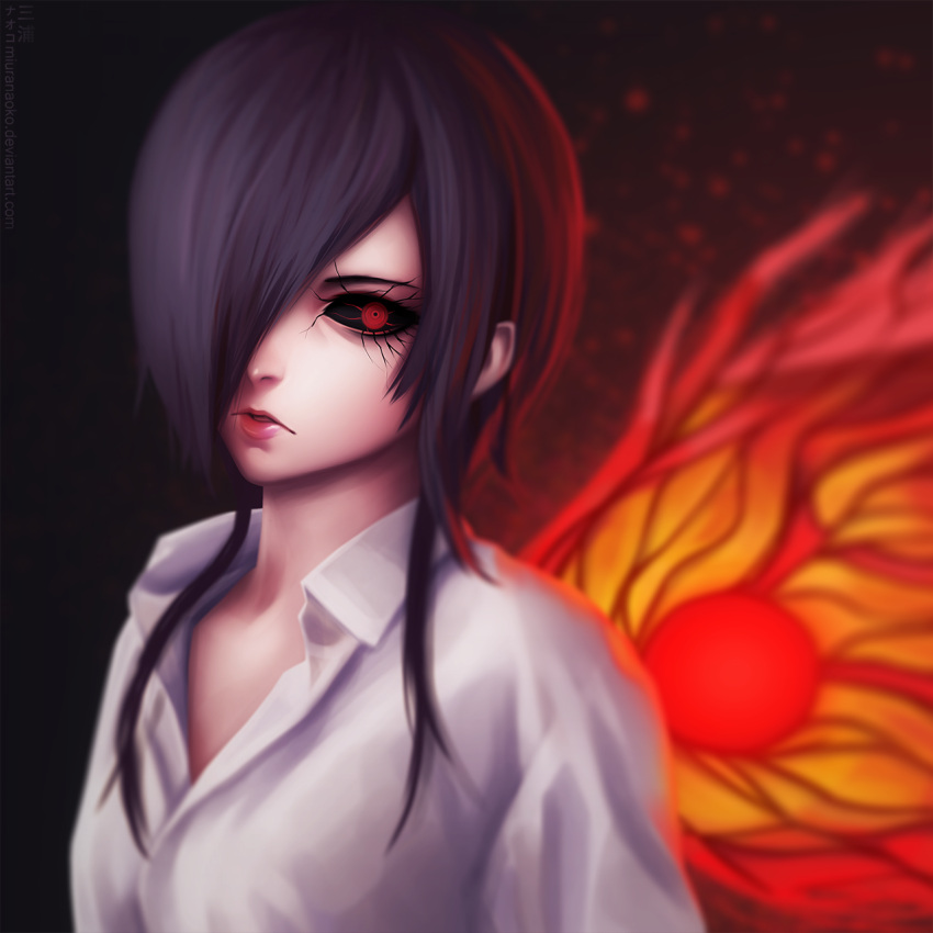 1girl black_sclera breasts colored_sclera hair_over_one_eye highres kirishima_touka long_hair looking_at_viewer miura-n315 purple_hair red_eyes shirt simple_background solo tokyo_ghoul