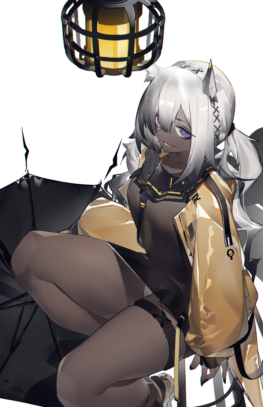 1girl absurdres animal_ears arknights bangs bare_legs black_dress black_nails camel_ears dress from_above hair_between_eyes hair_ornament highres jacket long_hair long_sleeves looking_at_viewer looking_up low_twintails nail_polish open_clothes open_jacket panties see-through short_dress silver_hair simple_background sitting solo thigh_strap thighs tuye_(arknights) twintails umbrella underwear upskirt violet_eyes white_background white_panties x_hair_ornament yellow_jacket yushi_ketsalkoatl