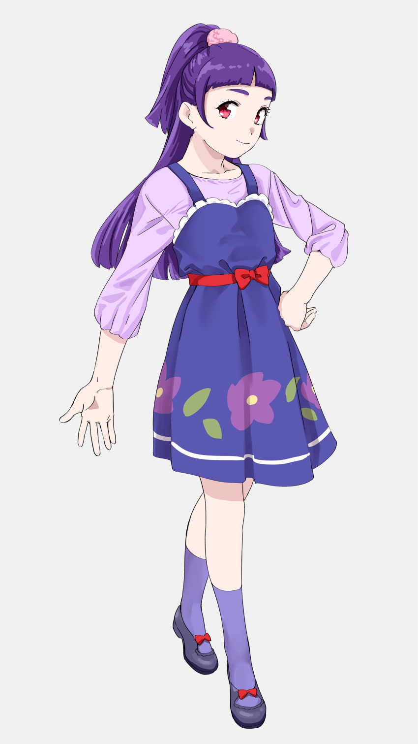 1girl absurdres bangs blouse blue_dress blunt_bangs dress full_body grey_background highres izayoi_liko long_hair long_sleeves looking_at_viewer mahou_girls_precure! ojipon precure purple_blouse purple_hair red_eyes simple_background solo standing