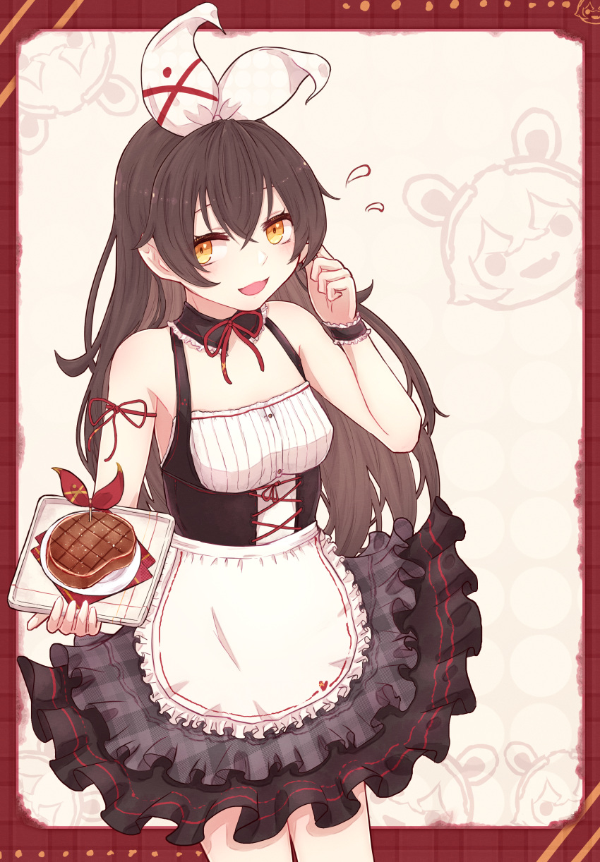 1girl absurdres alternate_costume amber_(genshin_impact) apron bare_shoulders baron_bunny corset enmaided food frilled_skirt frills genshin_impact hair_between_eyes hair_ribbon heart highres holding holding_food holding_plate huge_filesize long_hair looking_at_viewer maid maid_apron open_mouth plate reizouko ribbon simple_background skirt steak white_ribbon yellow_eyes