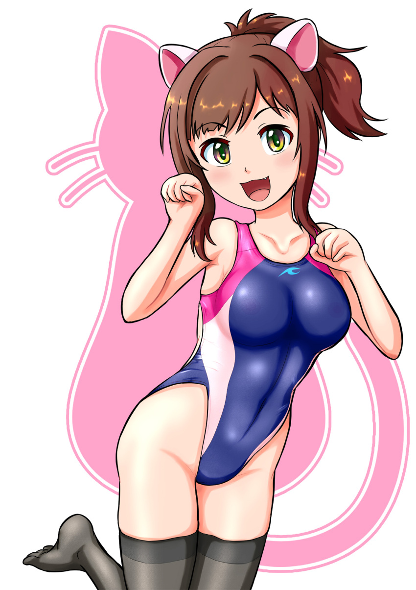 1girl animal_ears black_thighhighs blue_one-piece_swimsuit breasts cat cat_ears collarbone commentary_request competition_swimsuit covered_navel cowboy_shot highleg highleg_swimsuit highres idolmaster idolmaster_cinderella_girls maekawa_miku medium_breasts multicolored_clothes multicolored_swimsuit one-piece_swimsuit paw_pose ponytail rakukisa short_hair sidelocks silhouette smile solo swimsuit thigh-highs white_background