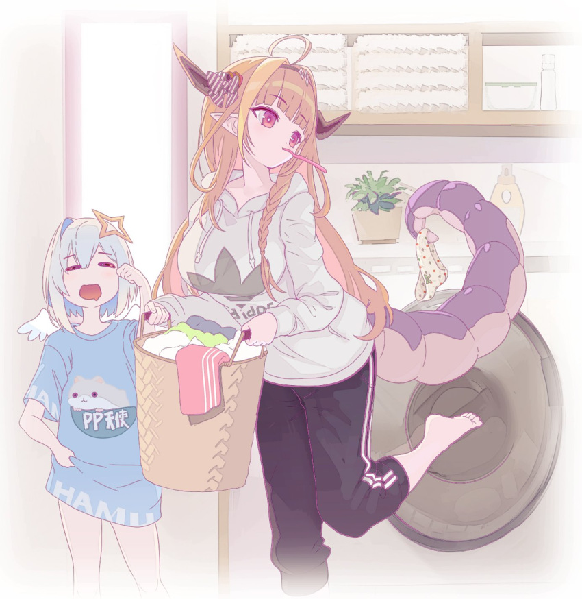 2girls adidas ahoge alternate_costume amane_kanata angel angel_wings bangs barefoot basket black_hairband black_pants blonde_hair blue_shirt blunt_bangs bow braid colored_inner_hair commentary_request doukyo's dragon_girl dragon_horns dragon_tail facing_another feathered_wings grey_hoodie hairband half-closed_eyes hand_up highlights highres holding holding_basket hololive hood hoodie horn_bow horns indoors kiryuu_coco laundry_basket leg_up long_hair long_sleeves multicolored_hair multiple_girls naked_shirt orange_hair oversized_clothes oversized_shirt panties pants pointy_ears polka_dot polka_dot_panties pondel print_shirt red_eyes saliva scales shirt short_hair short_sleeves single_braid sleepy streaked_hair striped striped_bow tail tail_hold toothbrush toothbrush_in_mouth towel underwear virtual_youtuber washing_machine wings yawning