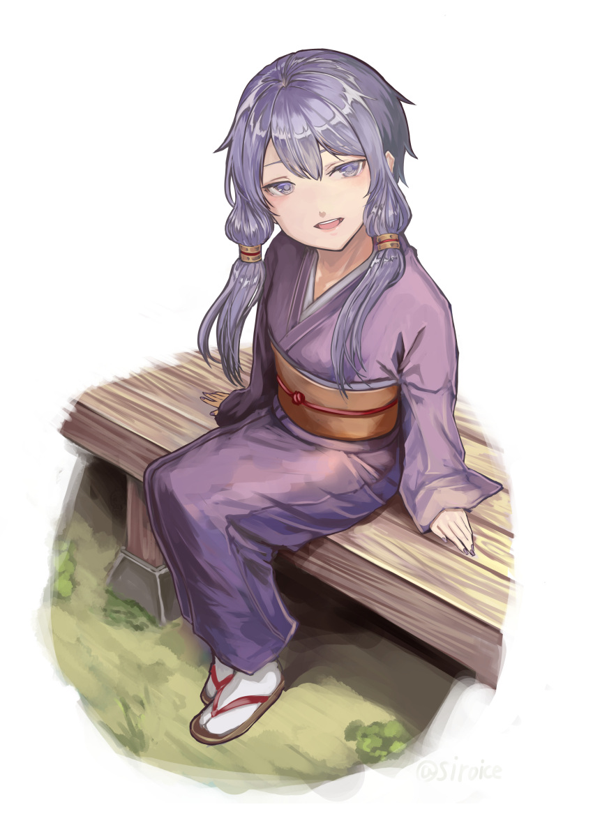 1girl absurdres commentary from_above full_body hair_tubes half-closed_eyes highres japanese_clothes kimono looking_at_viewer obi open_mouth purple_hair purple_kimono sash shiroice short_hair_with_long_locks sidelocks sitting solo tabi violet_eyes vocaloid voiceroid white_background yuzuki_yukari