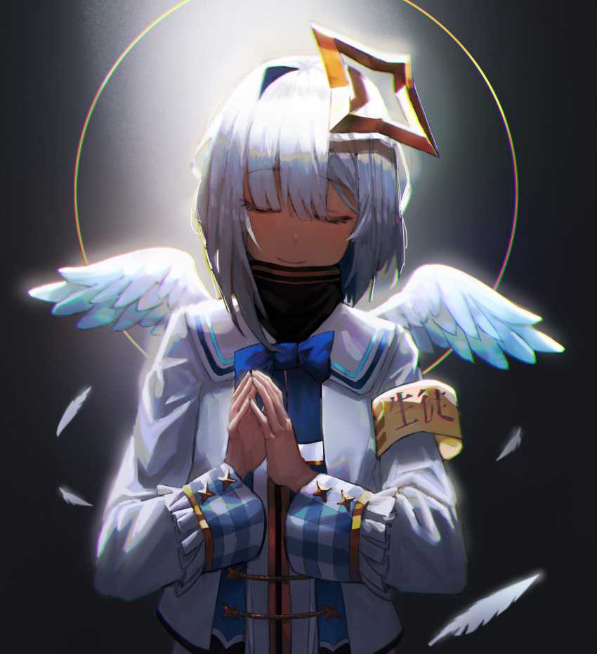 1girl absurdres amane_kanata angel angel_wings armband backlighting black_background blue_neckwear chromatic_aberration closed_eyes commentary deuljjugnaljjug eyebrows_visible_through_hair feathers film_grain halo hands_together highres hololive long_sleeves necktie praying sailor_collar shirt short_hair shuriken silver_hair simple_background smile solo spotlight upper_body virtual_youtuber white_sailor_collar white_shirt wings