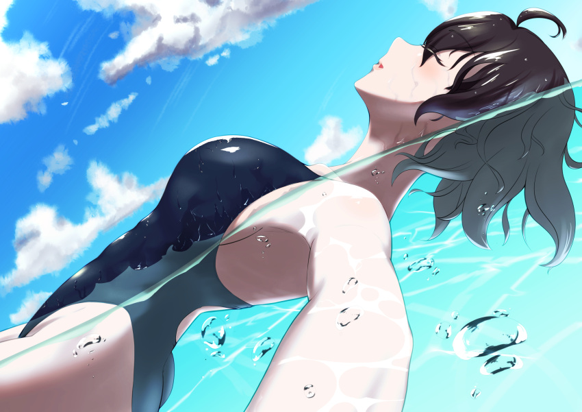 1girl ahoge air_bubble blue_sky blush brown_hair bubble closed_eyes clouds cloudy_sky competition_swimsuit floating highres m0nsoo00n one-piece_swimsuit original partially_submerged pool short_hair sky swimsuit water wet wet_hair