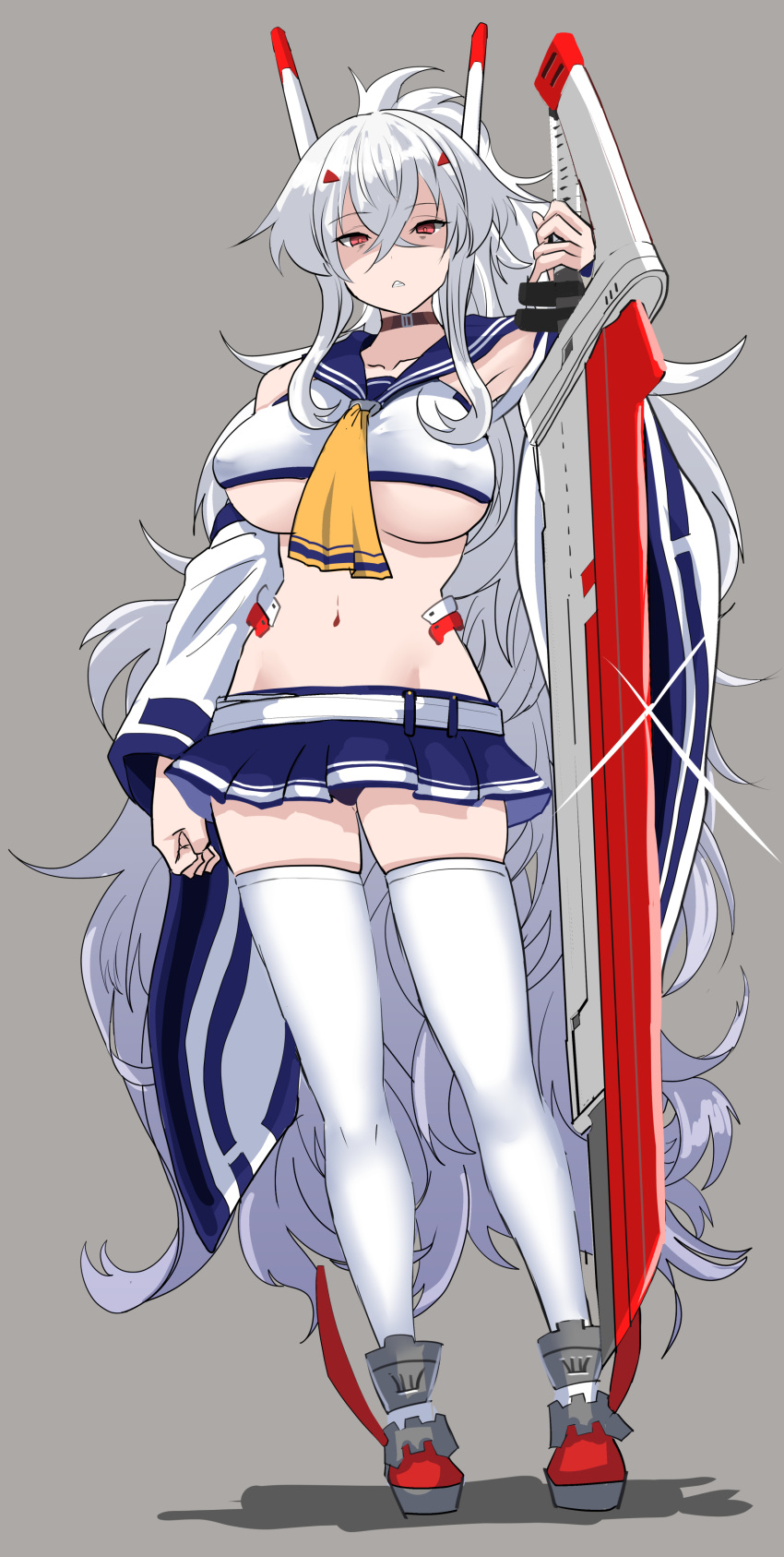 1girl absurdres alternate_costume alternate_hairstyle armpits ascot ayanami_(azur_lane) ayanami_(azur_lane)_(cosplay) azur_lane bangs belt blue_skirt breasts choker clenched_hand collarbone commentary_request cosplay detached_sleeves eyebrows_visible_through_hair full_body graf_zeppelin_(azur_lane) grey_background groin hair_between_eyes hair_ornament hairclip headgear hey_taisyou high_ponytail highres large_breasts long_hair looking_at_viewer navel parted_lips pleated_skirt ponytail red_eyes red_footwear retrofit_(azur_lane) school_uniform serafuku shaded_face sidelocks simple_background skirt solo thigh-highs under_boob wavy_hair white_hair white_legwear wide_sleeves zettai_ryouiki
