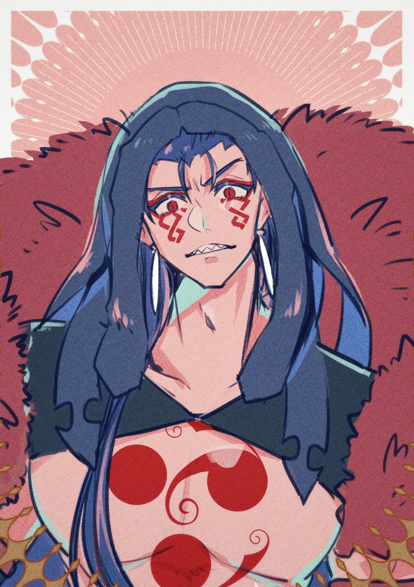 1boy absurdres angry blue_hair bodypaint closed_mouth cu_chulainn_(fate)_(all) cu_chulainn_alter_(fate/grand_order) dark_persona detached_hood earrings facepaint fate/grand_order fate_(series) fur highres hood hood_up jewelry long_hair looking_at_viewer looking_down male_focus mishima-maki muscular ponytail red_eyes sharp_teeth slit_pupils solo teeth type-moon