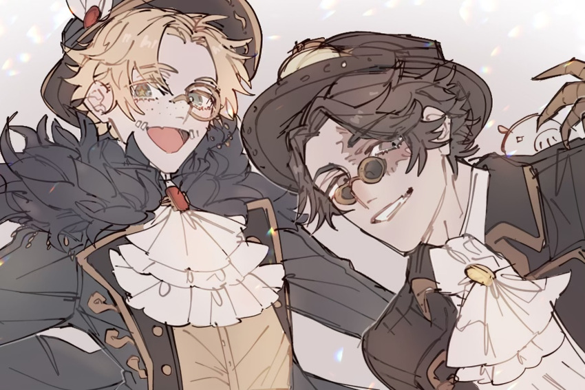 2boys :d blonde_hair blue_eyes brown_eyes brown_hair burn_scar coat colored_eyelashes cravat freckles frills fur-trimmed_coat fur_trim glasses grey_background hat identity_v looking_at_viewer male_focus mike_morton monocle mr._mole_(identity_v) mr._swifts_(identity_v) multiple_boys norton_campbell official_alternate_costume open_mouth scar short_hair simple_background smile star-shaped_pupils star_(symbol) symbol-shaped_pupils wonakira