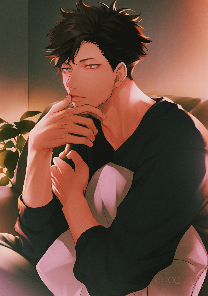 1boy adam's_apple alternate_costume bangs black_hair black_shirt casual contemporary couch finger_to_mouth grey_eyes haikyuu!! highres kuro_(tsumito) kuroo_tetsurou light lips long_sleeves looking_to_the_side male_focus pillow plant shirt short_hair sitting solo spiky_hair upper_body v-neck