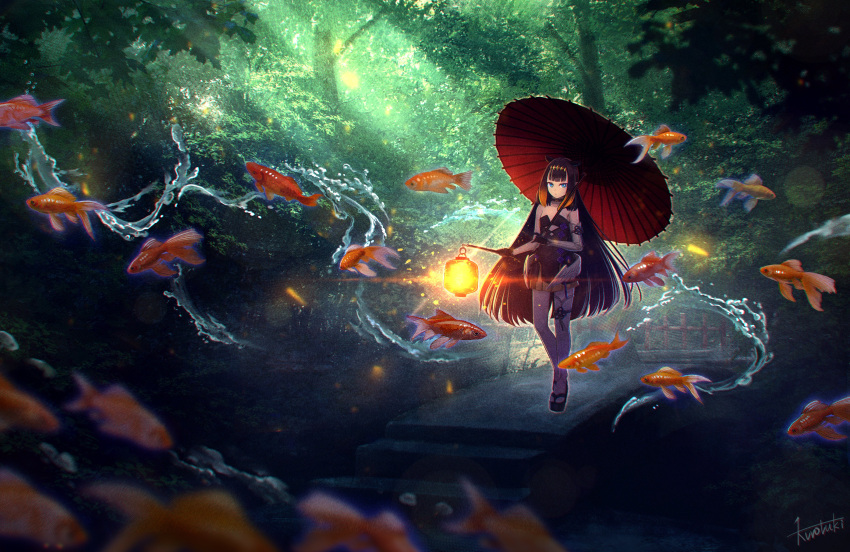 1girl absurdres artist_name black_gloves black_leotard blue_eyes blurry blurry_foreground closed_mouth commentary day depth_of_field detached_collar detached_sleeves expressionless fish flat_chest floating forest full_body fur-trimmed_collar gloves glowing goldfish highres holding holding_umbrella hololive hololive_english koi kuromu-9696 lantern leotard light_rays long_hair looking_at_viewer nature ninomae_ina'nis orange_hair outdoors parasol purple_hair scenery signature single_sleeve single_thighhigh solo straight_hair sunlight thigh-highs tiara tree umbrella virtual_youtuber water white_legwear wings