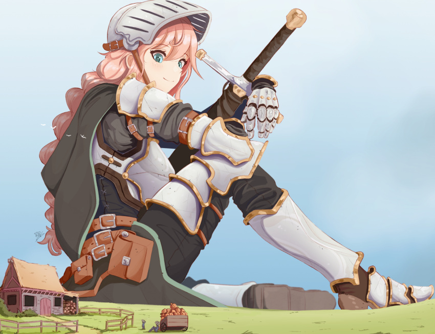 1girl armor bag belt braid capelet cloak gauntlets giant giantess greaves green_eyes helmet highres house knight long_hair orange_hair original raps_(yohomeboyraps) sword very_long_hair weapon