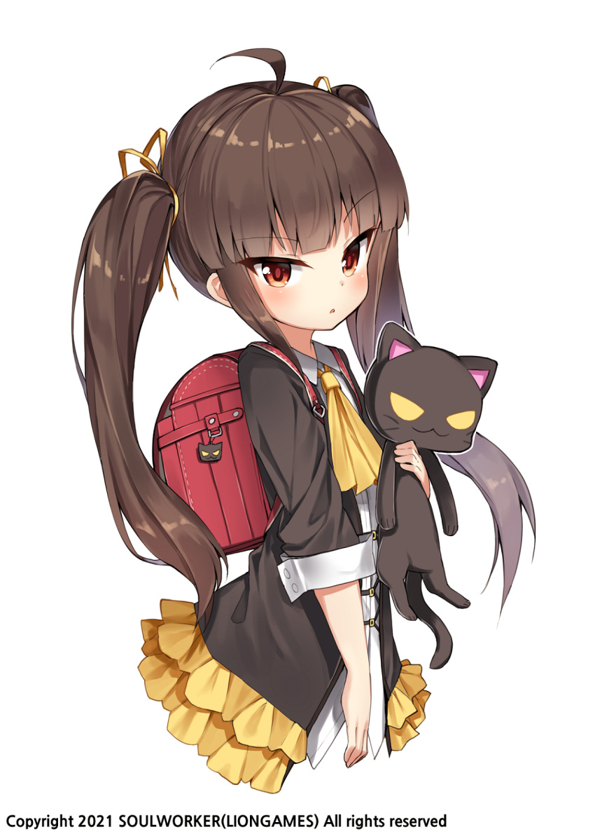 1girl ahoge ascot backpack bag black_cat black_jacket brown_hair carrying cat cropped_torso darnell frilled_jacket hair_ribbon highres jacket lily_bloomerchen long_hair long_sleeves looking_at_viewer official_art open_clothes open_jacket parted_lips randoseru red_eyes ribbon shirt sidelocks simple_background solo soul_worker twintails undershirt v-shaped_eyebrows white_background white_shirt