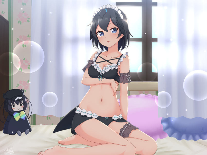 1girl absurdres arm_under_breasts bare_legs barefoot black_hair blue_eyes breasts character_doll collarbone commentary curtains day frilled_pillow frills full_body greater_lophorina_(kemono_friends) head_wings highres indoors kemono_friends lingerie looking_at_viewer maid_headdress medium_breasts navel on_bed open_mouth pillow shiraha_maru short_hair sitting solo tail underwear western_parotia_(kemono_friends) window yokozuwari
