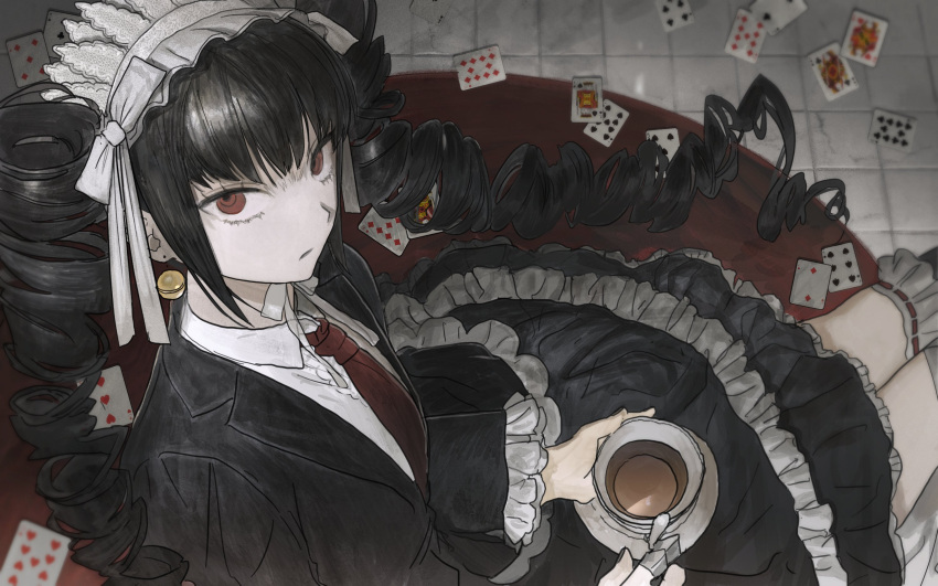 1girl bangs bell bell_earrings black_dress black_hair black_legwear bonnet card celestia_ludenberg claw_ring cup dangan_ronpa:_trigger_happy_havoc dangan_ronpa_(series) dress drill_hair earrings eyelashes feet_out_of_frame frilled_dress frilled_legwear frills from_above glaring gothic_lolita highres holding holding_cup jewelry lolita_fashion long_hair mabelmine necktie playing_card red_eyes red_neckwear shirt sidelocks sitting solo teacup twin_drills white_shirt
