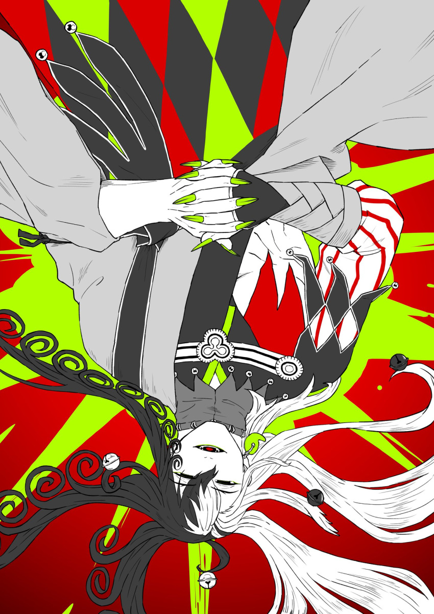 1boy ashiya_douman_(fate) asymmetrical_clothes asymmetrical_hair bell black_eyes black_hair blood blood_splatter curly_hair earrings fate/grand_order fate_(series) fingernails floating_hair green_eyeshadow green_lipstick green_nails hair_bell hair_between_eyes hair_intakes hair_ornament highres interlocked_fingers japanese_clothes jewelry kimono lipstick long_hair m_(20419914) magatama magatama_earrings makeup male_focus multicolored_hair open_clothes open_kimono open_mouth own_hands_together ribbed_sleeves sharp_fingernails smile solo stylized_blood toned toned_male two-tone_hair upside-down very_long_fingernails very_long_hair white_hair