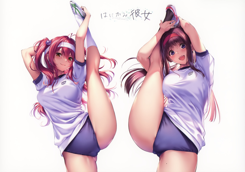 2girls absurdres black_legwear blue_buruma blue_eyes blush breasts brown_hair buruma closed_mouth gym_uniform hair_ornament hanikami_kanojo headband highres huge_filesize lips looking_at_viewer medium_breasts mole mole_on_thigh multiple_girls open_mouth piromizu shiny shiny_hair shoes short_sleeves simple_background smile sneakers socks split standing standing_on_one_leg standing_split thighs tied_hair white_background white_legwear