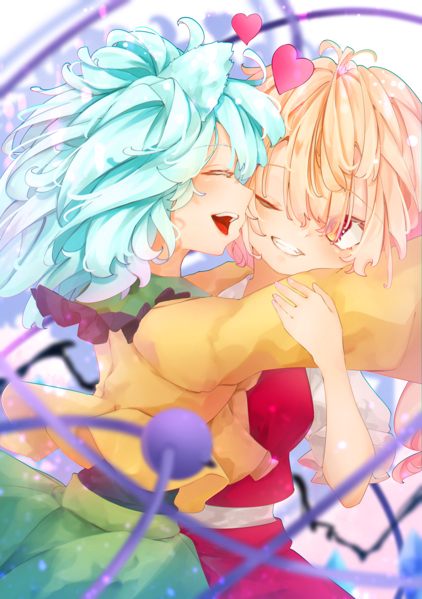 2girls absurdres aqua_hair blonde_hair blouse blurry blurry_background blurry_foreground breasts calpis118 closed_mouth eyebrows_visible_through_hair facing_another flandre_scarlet frilled_shirt_collar frills green_skirt hair_between_eyes hand_on_another's_arm happy heart highres hug komeiji_koishi looking_at_viewer medium_hair multiple_girls one_eye_closed open_mouth puffy_short_sleeves puffy_sleeves red_eyes red_skirt red_vest shirt short_sleeves skirt skirt_set small_breasts third_eye touhou vest white_shirt yellow_blouse