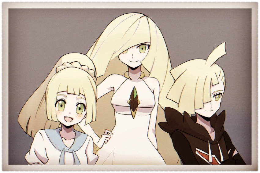 1boy 2girls ahoge bangs blonde_hair blush braid closed_mouth collarbone commentary_request dress eyelashes family family_portrait framed gladion_(pokemon) green_eyes hair_over_one_eye hand_on_hip highres hood hoodie lillie_(pokemon) looking_at_viewer lusamine_(pokemon) multiple_girls open_mouth pokemon pokemon_(game) pokemon_sm ponytail sleeveless sleeveless_dress smile tongue watta02614129 white_dress