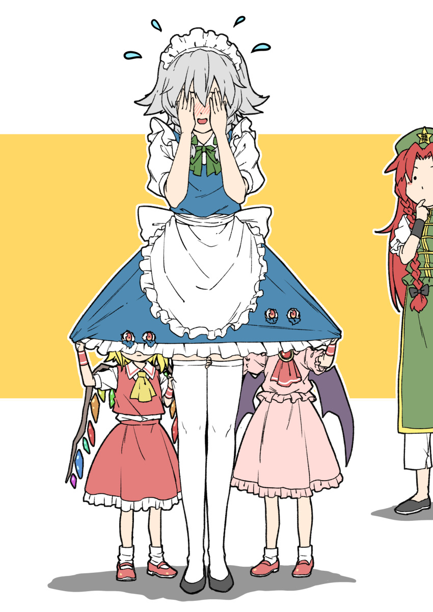 4girls ankle_socks apron bangs bat_wings black_footwear blonde_hair blue_dress blush braid commentary_request covering_face dress embarrassed flandre_scarlet frilled_apron frills grey_hair highres holes hong_meiling inuno_rakugaki izayoi_sakuya long_hair looking_at_another looking_at_viewer maid maid_headdress mary_janes multiple_girls peeking_out pink_dress red_dress red_eyes red_footwear redhead remilia_scarlet shoes short_hair sidelocks standing thigh-highs touhou twin_braids under_skirt waist_apron white_apron white_legwear wings younger