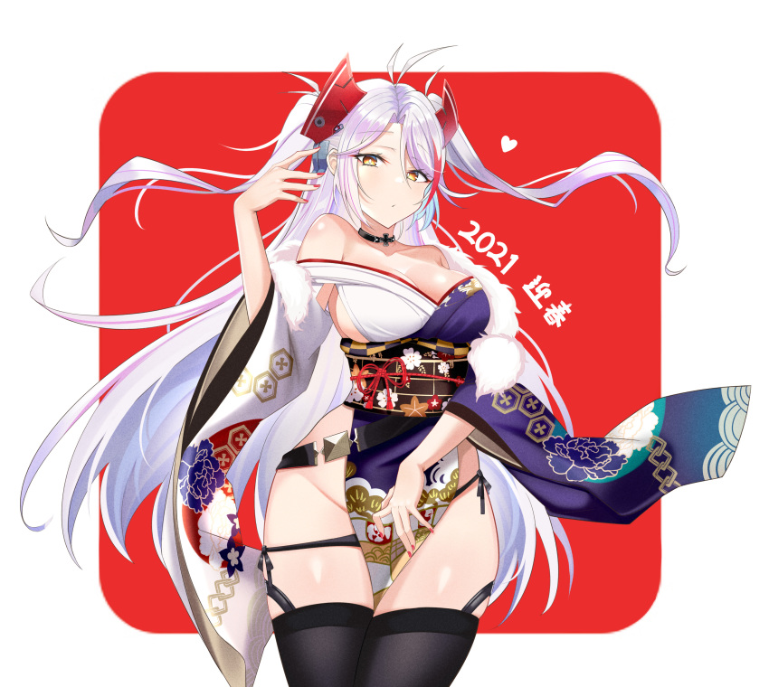 1girl 2021 absurdres antenna_hair azur_lane bare_shoulders black_legwear black_panties breasts cross_choker fur-trimmed_kimono fur_trim heart highres iron_cross japanese_clothes kimono large_breasts light_purple_hair long_hair looking_at_viewer minimad3 multicolored multicolored_clothes multicolored_hair multicolored_kimono obijime off_shoulder panties prinz_eugen_(azur_lane) prinz_eugen_(dance_of_a_hundred_flowers)_(azur_lane) redhead side-tie_panties sideboob simple_background solo streaked_hair thigh-highs twintails two-tone_hair underwear wide_sleeves yellow_eyes