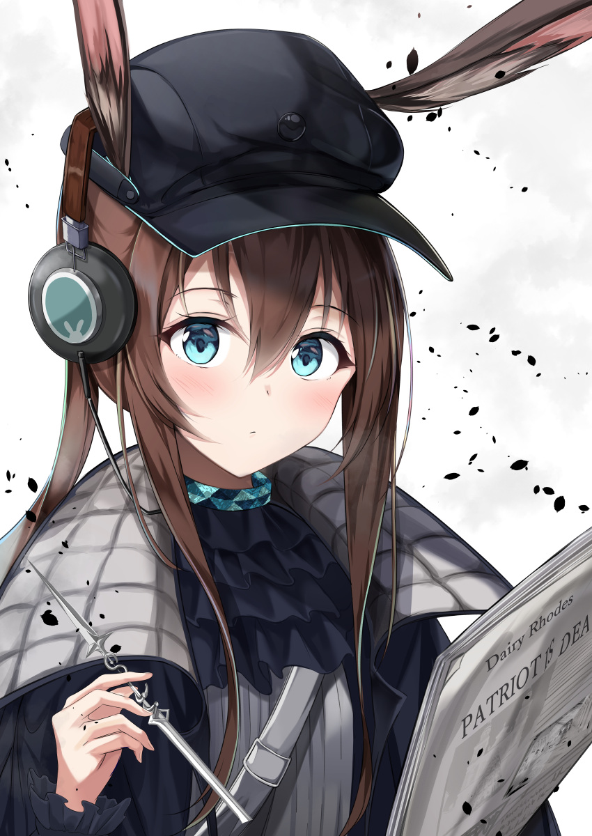 1girl absurdres amiya_(arknights) amiya_(newsgirl)_(arknights) animal_ears arknights ascot bangs black_coat black_headwear black_neckwear blush brown_hair cabbie_hat closed_mouth coat ears_through_headwear emimeku english_commentary eyebrows_visible_through_hair frilled_sleeves frills hair_between_eyes hat headphones highres holding huge_filesize long_hair long_sleeves looking_at_viewer newspaper open_clothes open_coat ponytail rabbit_ears sidelocks solo spoilers typo upper_body