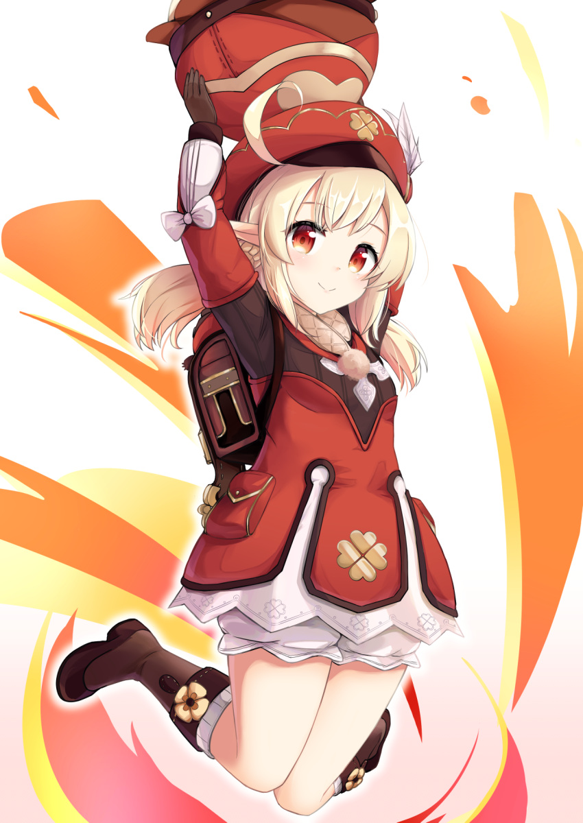 1girl adda ahoge arms_up bangs beret blonde_hair bloomers boots bow brown_footwear brown_gloves closed_mouth commentary_request dress eyebrows_visible_through_hair full_body genshin_impact gloves hat highres klee_(genshin_impact) knees_together_feet_apart long_hair looking_at_viewer pointy_ears red_dress red_eyes red_headwear smile solo twintails underwear white_bow