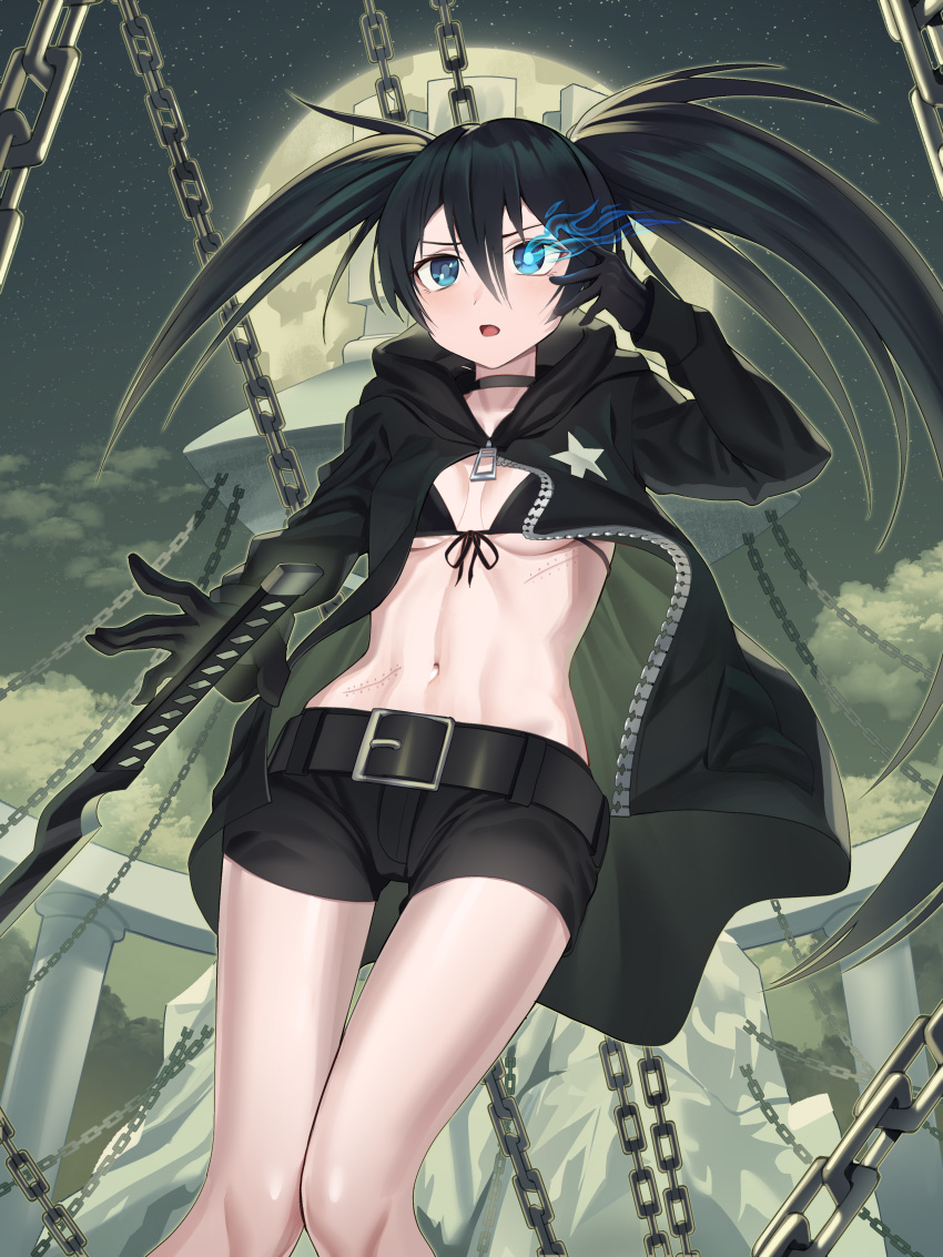 1girl :o absurdres belt bikini bikini_top black_hair black_rock_shooter black_rock_shooter_(character) blue_eyes breasts chain choker coat flaming_eye glowing goback highres long_hair midriff moon navel night night_sky outdoors pale_skin pillar rock scar short_shorts shorts sky small_breasts solo swimsuit sword twintails v_over_eye very_long_hair weapon