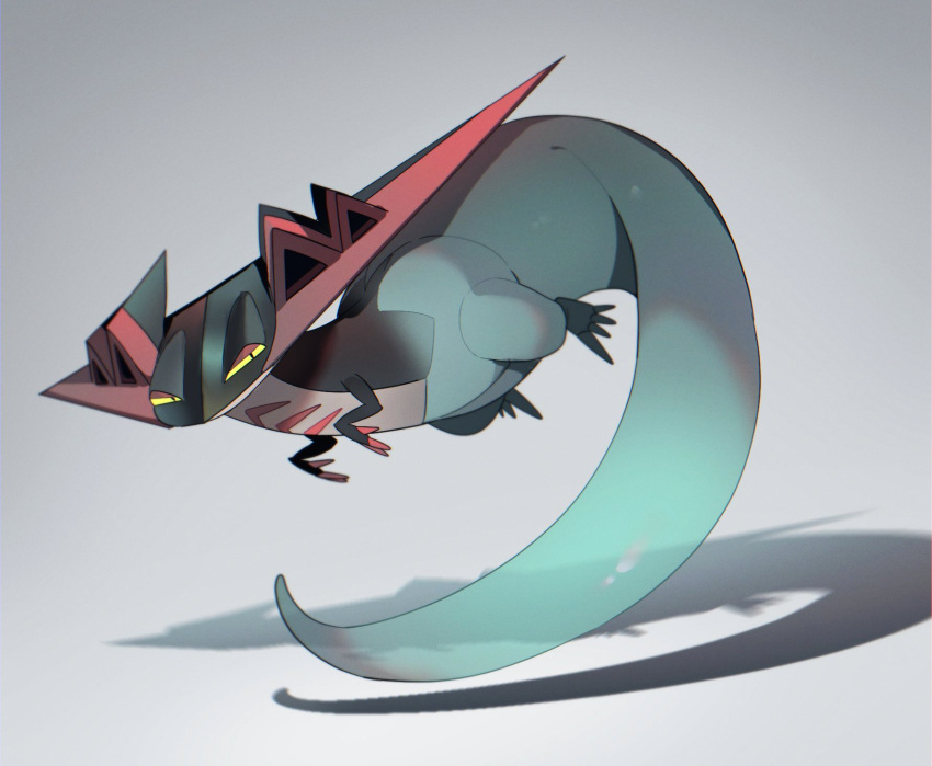 alu_drp claws closed_mouth dragapult fading full_body gen_8_pokemon grey_background half-closed_eyes highres looking_to_the_side no_humans pokemon pokemon_(creature) yellow_eyes