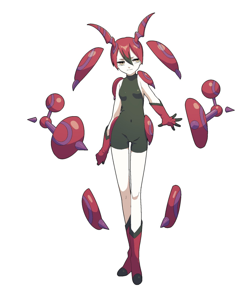 1girl akira_(meltyhip) armor black_hair bodysuit breasts closed_mouth commentary covered_navel gen_5_pokemon gloves hair_between_eyes highres horns looking_to_the_side multicolored_hair personification pokemon red_footwear red_gloves redhead scolipede shoulder_armor sideways_glance simple_background slit_pupils small_breasts solo two-tone_hair white_background yellow_eyes