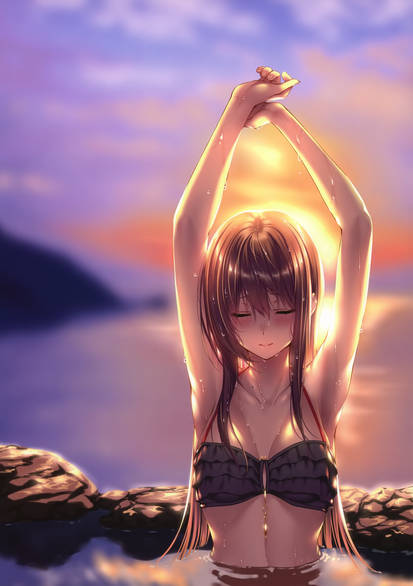 1girl absurdres arms_up bangs bare_arms blurry blurry_background blush closed_eyes closed_mouth clouds collarbone hanikami_kanojo highres lips long_hair minazumi_kasane outdoors partially_submerged piromizu scan shiny shiny_hair sky solo sunset water water_drop wet