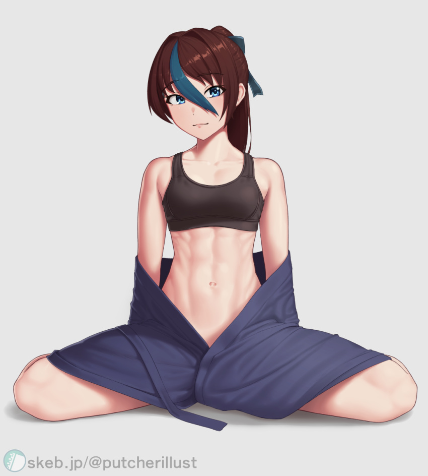 1girl abs bangs bare_shoulders black_sports_bra blue_eyes blue_hair blue_ribbon breasts brown_hair closed_mouth collarbone commentary commission eyebrows_visible_through_hair hair_between_eyes hair_intakes hair_ribbon highres japanese_clothes kimono looking_at_viewer multicolored_hair navel off_shoulder original ponytail putcher ribbon shadow sidelocks simple_background sitting skeb_commission small_breasts solo sports_bra spread_legs stomach two-tone_hair wariza watermark web_address white_background yukata