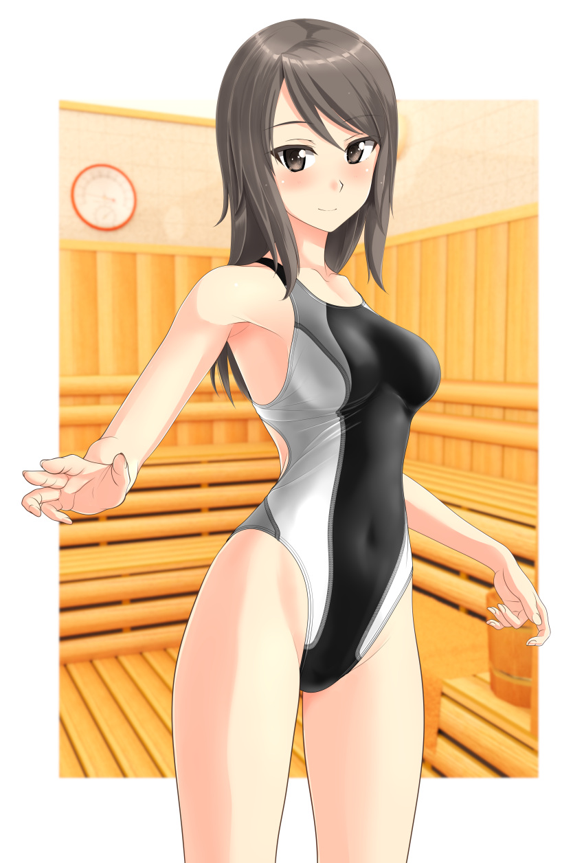 1girl absurdres bangs blurry breasts brown_eyes brown_hair competition_swimsuit covered_navel cowboy_shot depth_of_field girls_und_panzer highres long_hair looking_at_viewer medium_breasts mika_(girls_und_panzer) multicolored multicolored_clothes multicolored_swimsuit one-piece_swimsuit sauna solo standing striped striped_swimsuit swimsuit takafumi