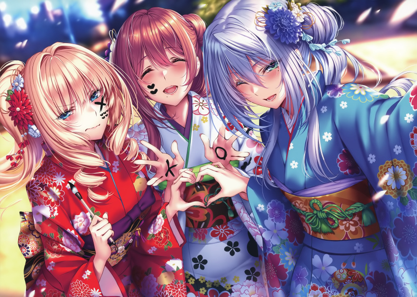 3girls absurdres bangs blonde_hair blue_eyes blush brown_hair closed_eyes day eyebrows_visible_through_hair fingernails floral_print hair_ornament hanikami_kanojo heart heart_hands heart_hands_duo highres holding huge_filesize japanese_clothes kimono lips long_hair long_sleeves looking_at_viewer mole mole_under_eye mole_under_mouth multiple_girls obi one_eye_closed open_mouth outdoors paintbrush piromizu sash scan smile tied_hair wide_sleeves