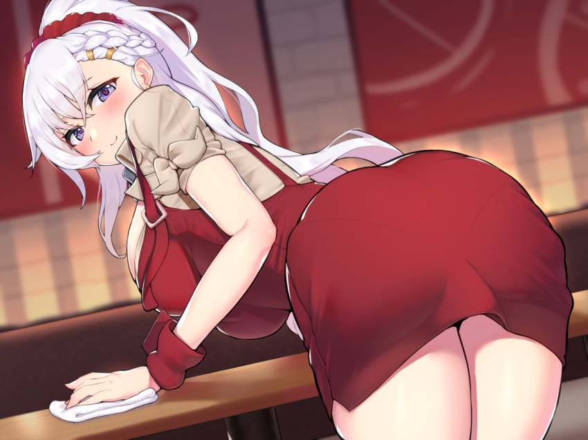 1girl apron ass azur_lane bangs beige_shirt belfast_(azur_lane) belfast_(piping-hot_perfection)_(azur_lane) bent_over blue_eyes blush braid breasts french_braid large_breasts long_hair looking_back low_neckline ponytail red_apron red_scrunchie scrunchie smile solo ushimittsu white_hair