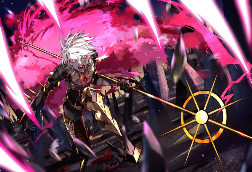 1boy armor blood blue_eyes colored_skin earrings eyeshadow fate/grand_order fate_(series) fingernails full_body gem highres holding holding_weapon jewelry karna_(fate) leaning_forward makeup male_focus multicolored multicolored_skin ono_matope open_mouth pale_skin polearm red_eyeshadow sharp_fingernails spear two-tone_skin weapon white_hair