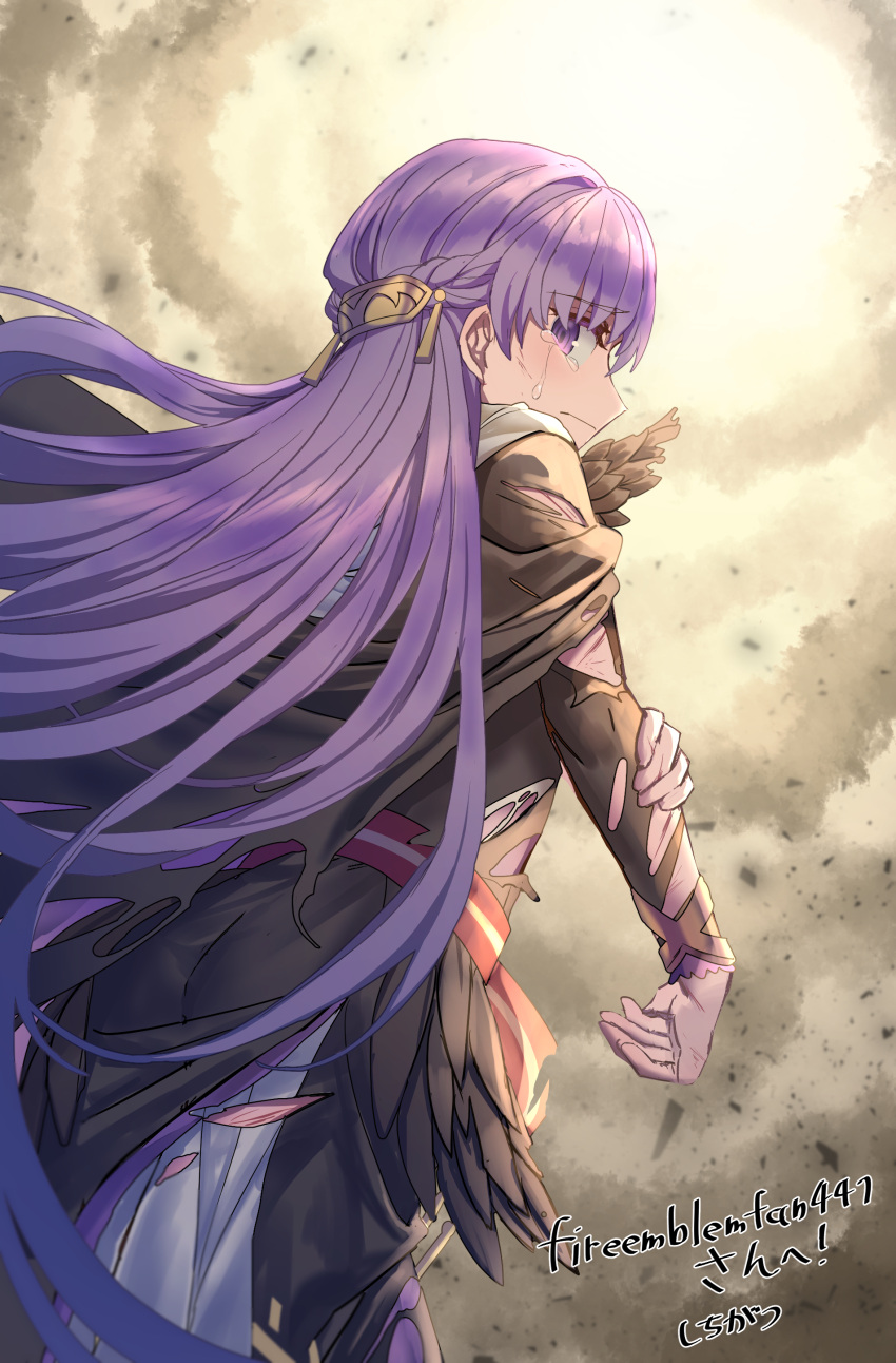 1girl absurdly_long_hair absurdres belt black_feathers cape closed_mouth commission commissioner_upload dress feathers fire_emblem fire_emblem:_the_binding_blade fire_emblem_heroes highres injury long_hair long_sleeves purple_hair shichigatsu solo sophia_(fire_emblem) teardrop tearing_up tears torn_clothes torn_sleeves very_long_hair violet_eyes
