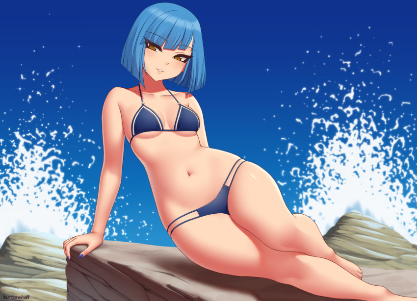 1girl artist_name bare_arms bare_legs bare_shoulders barefoot bikini blonde_hair blue_bikini blue_hair blue_nails bob_cut breasts collarbone commentary commission eyebrows_visible_through_hair eyes_visible_through_hair kuroonehalf looking_at_viewer navel original parted_lips rock short_hair sitting small_breasts smile solo swimsuit yellow_eyes