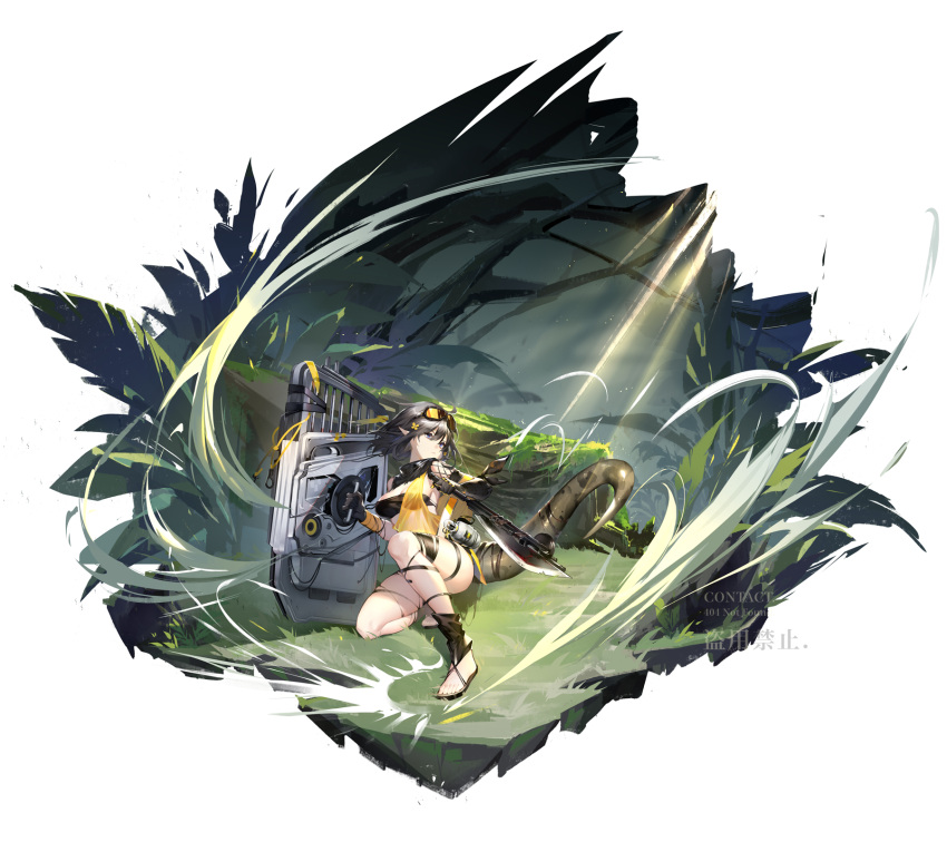 arknights axe bandeau black_hair blue_eyes breasts dress eunectes_(arknights) flower gloves goggles goggles_on_head grass hair_flower hair_ornament highres holding holding_shield holding_weapon log microdress moss one_knee open_toe_shoes plant pointy_ears reverse_grip see-through shield short_hair snake_tail strapless tail thigh_strap thighs toes torn_clothes torn_legwear tubetop weapon white_background yellow_dress yu_jiu